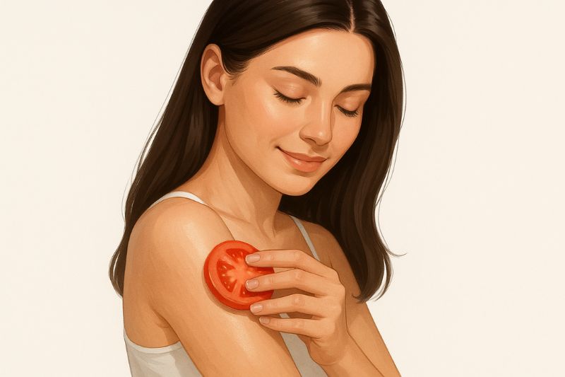 חתיכת עגבנייה לטיפול מהיר בעור הגוף